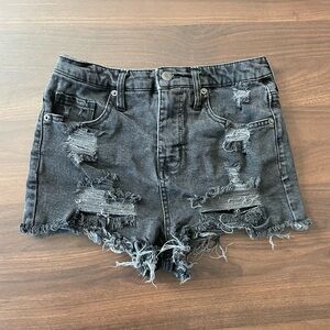High rise black distressed shorts